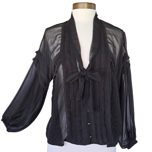 Zara Black Chiffon Tie Neck Top Size Small Balloon Sleeve Sheer Lace - Picture 2 of 9